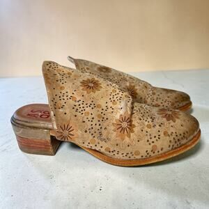 A.S. 98 Floral Leather Mule Clogs EU 37 US 6.5 Brown Tooled Boho Slip On Shoes